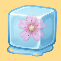 Frozen ice cube with a pink flower on a yellow background