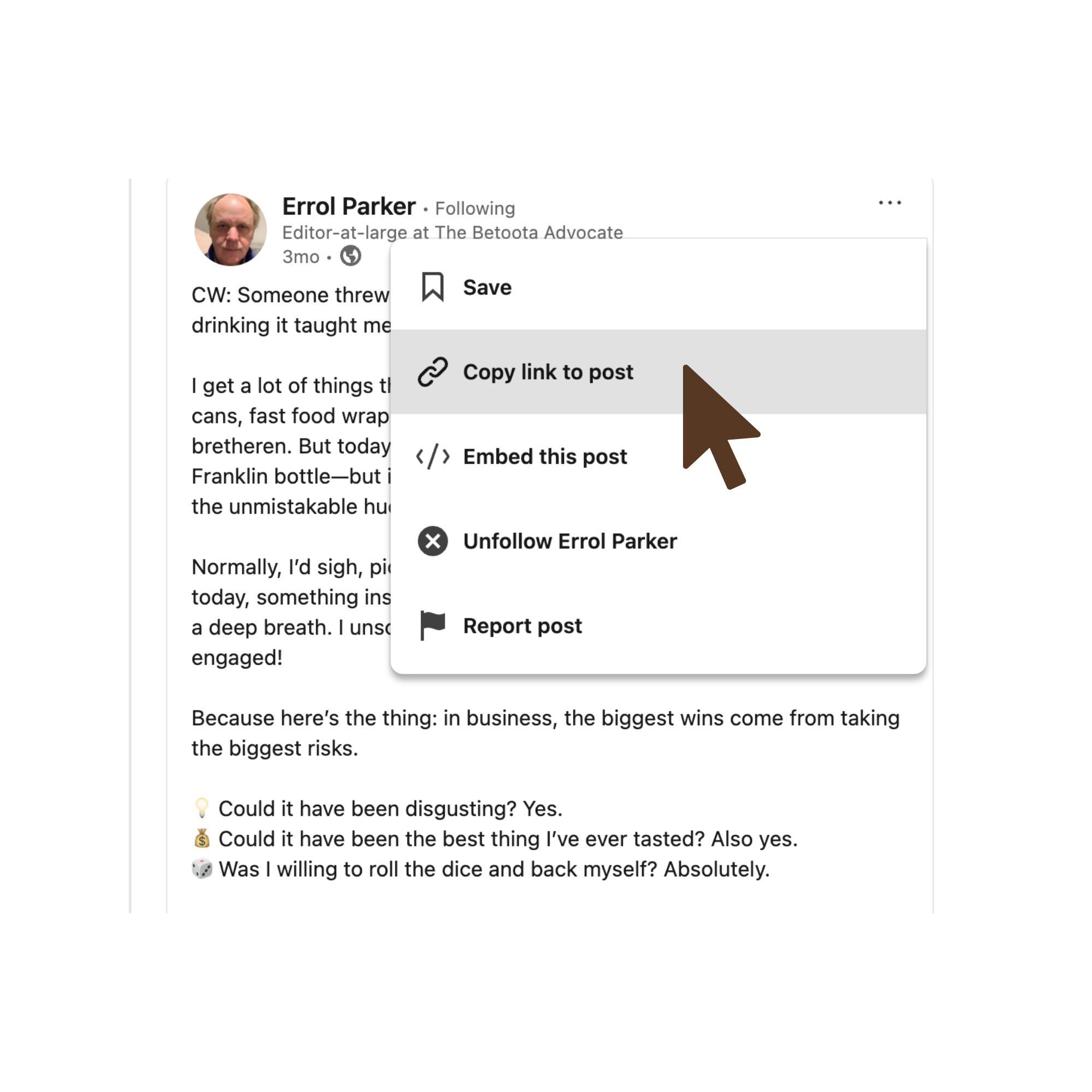 Step showing how to copy a LinkedIn post URL when learning how to comment anonymously on LinkedIn with Flowers.