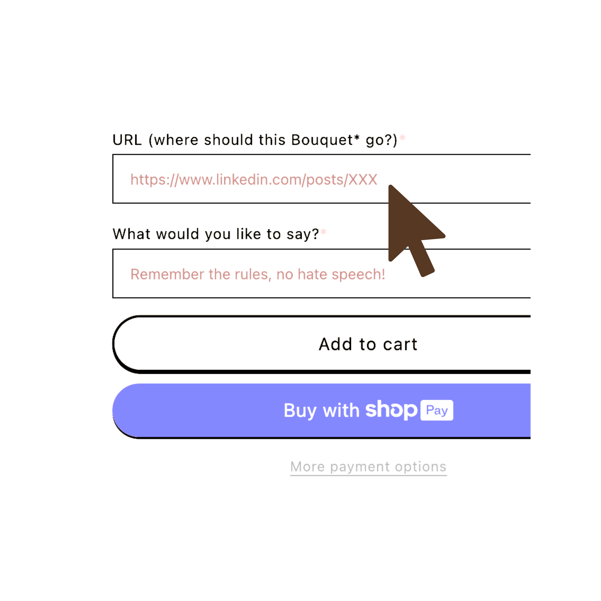 Flowers product page where users paste a LinkedIn URL to post anonymous comments safely and privately.